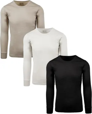 AMERICAN HEAVEN Mens' Baselayer Long Sleeve Top | 100% Cotton Crew Neck Shirt | Fleece Brush Flat Knit | 3 Pack