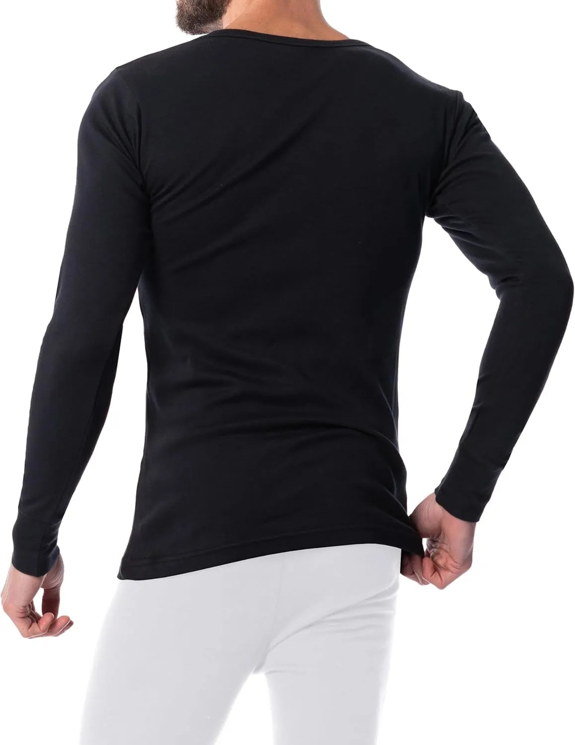 AMERICAN HEAVEN Mens' Baselayer Long Sleeve Top | 100% Cotton Crew Neck Shirt | Fleece Brush Flat Knit | 3 Pack