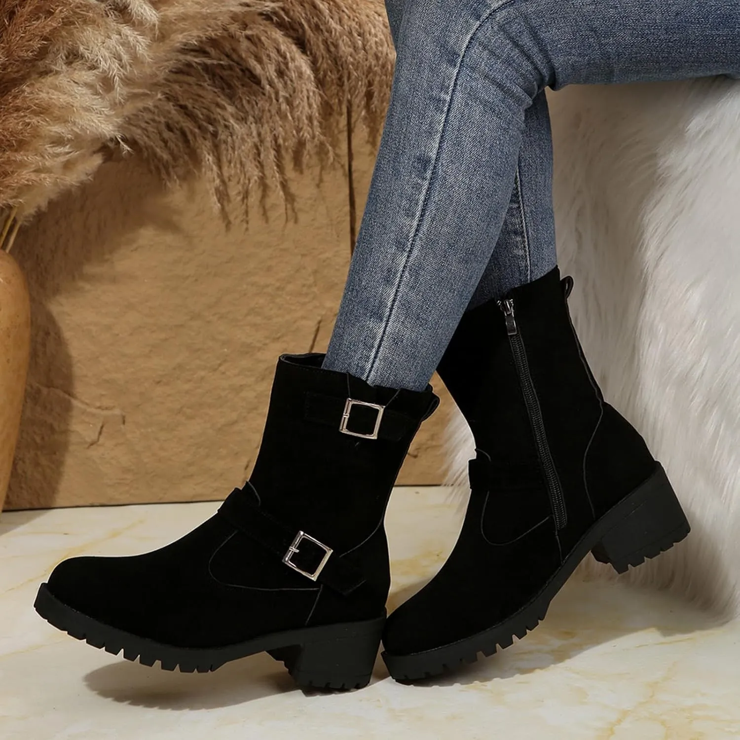 Ankle Boots for Women, Classic Suede Chunky Heel Side Zipper Fashion Boots With Block Buckle Low Heel Mid-Calf Boots