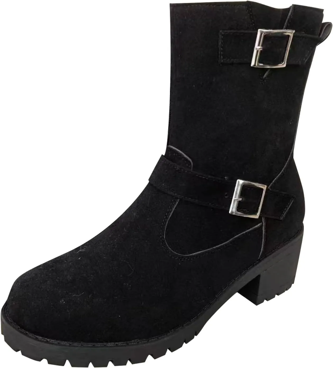Ankle Boots for Women, Classic Suede Chunky Heel Side Zipper Fashion Boots With Block Buckle Low Heel Mid-Calf Boots