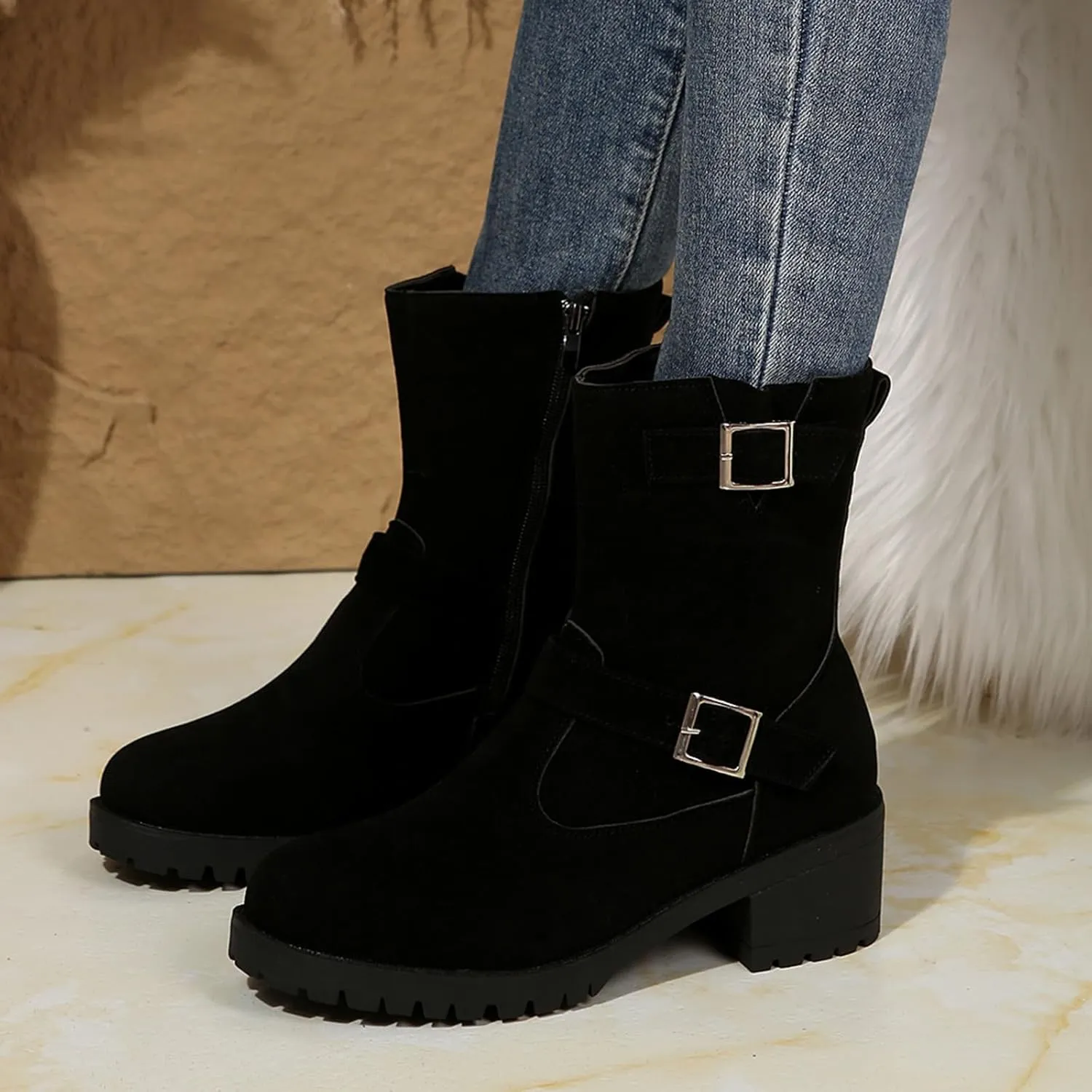 Ankle Boots for Women, Classic Suede Chunky Heel Side Zipper Fashion Boots With Block Buckle Low Heel Mid-Calf Boots