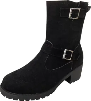 Ankle Boots for Women, Classic Suede Chunky Heel Side Zipper Fashion Boots With Block Buckle Low Heel Mid-Calf Boots