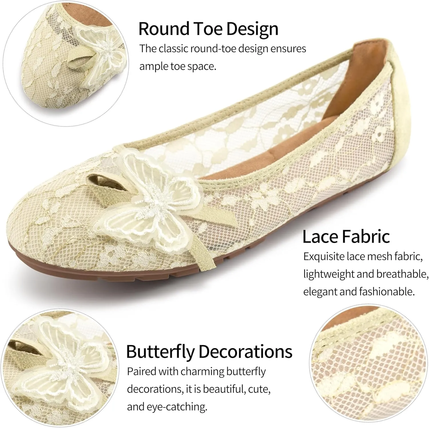 Aomigoct Ballet Flats Shoes for Women: Dress Comfortable Lace Womens Flats - Soft Casual Wedding Work Shoe