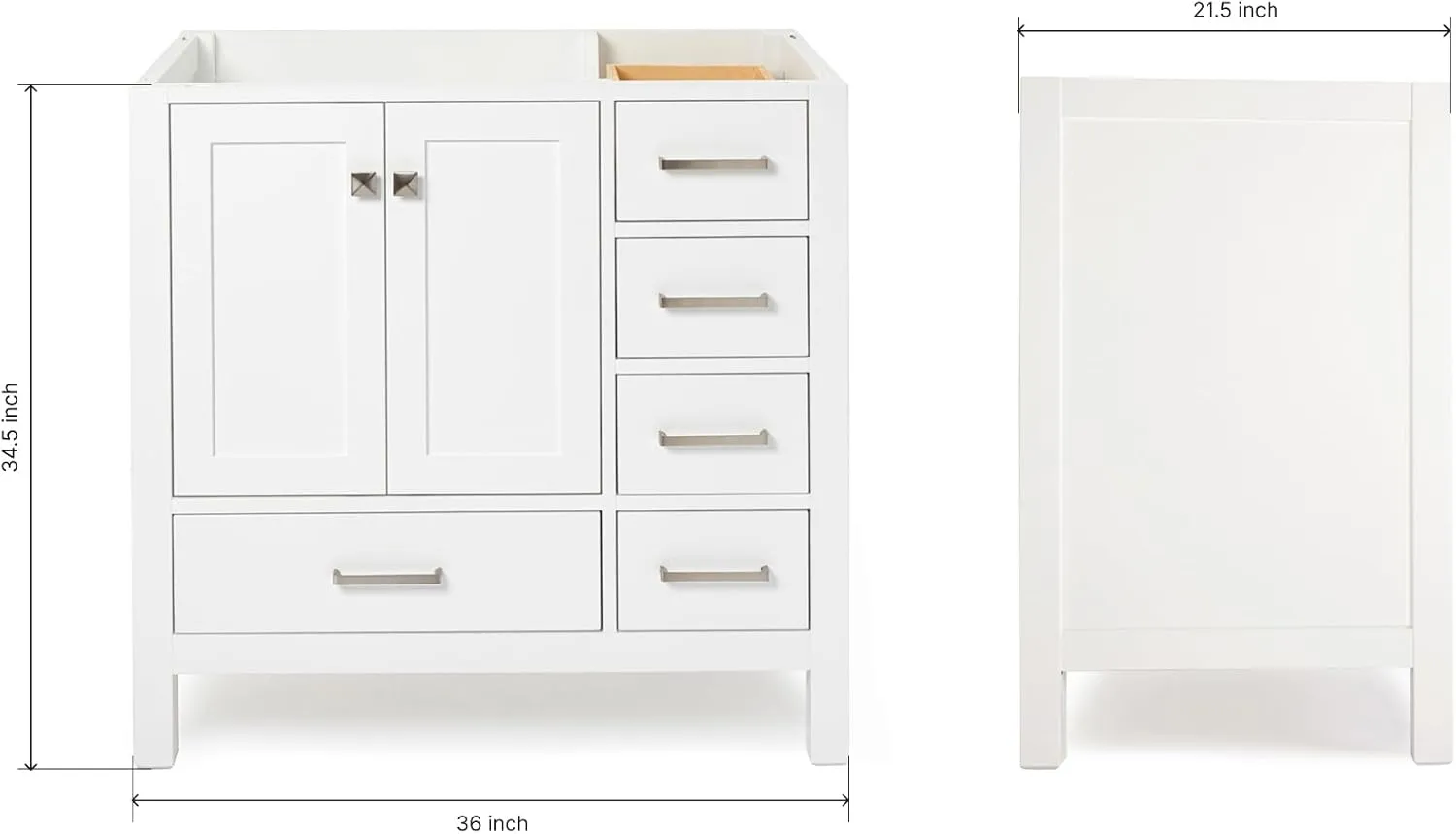 ARIEL 36" White Bathroom Vanity Base Cabinet, Left Offset Sink Configuration, 2 Soft Closing Doors, 5 Full Extension Dovetail Drawers, Brushed Nickel
