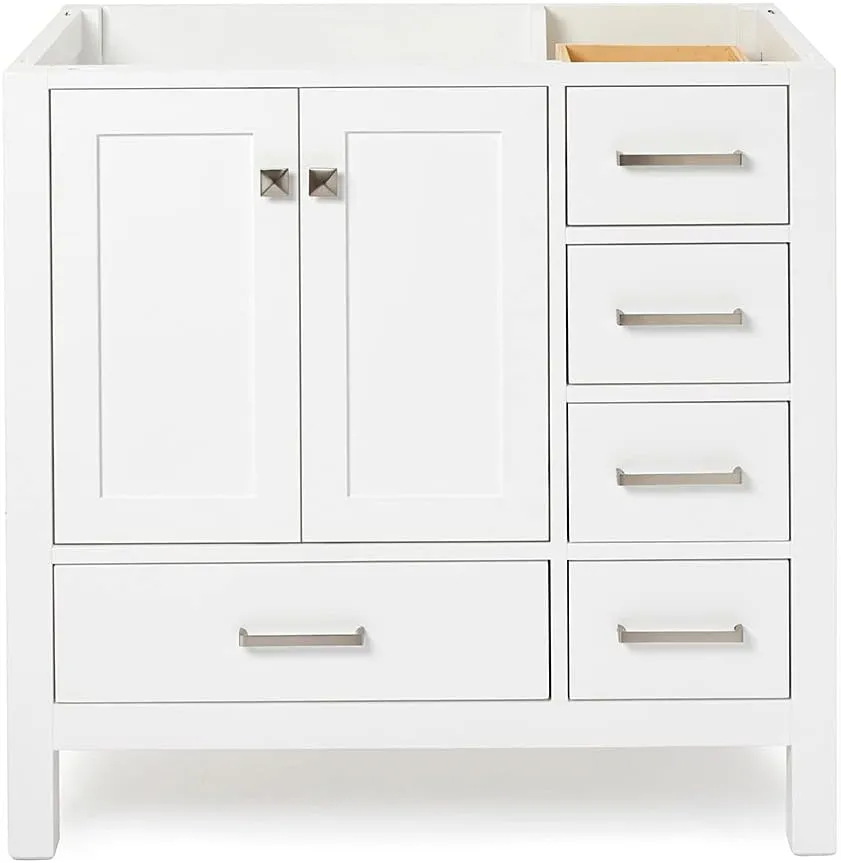 ARIEL 36" White Bathroom Vanity Base Cabinet, Left Offset Sink Configuration, 2 Soft Closing Doors, 5 Full Extension Dovetail Drawers, Brushed Nickel