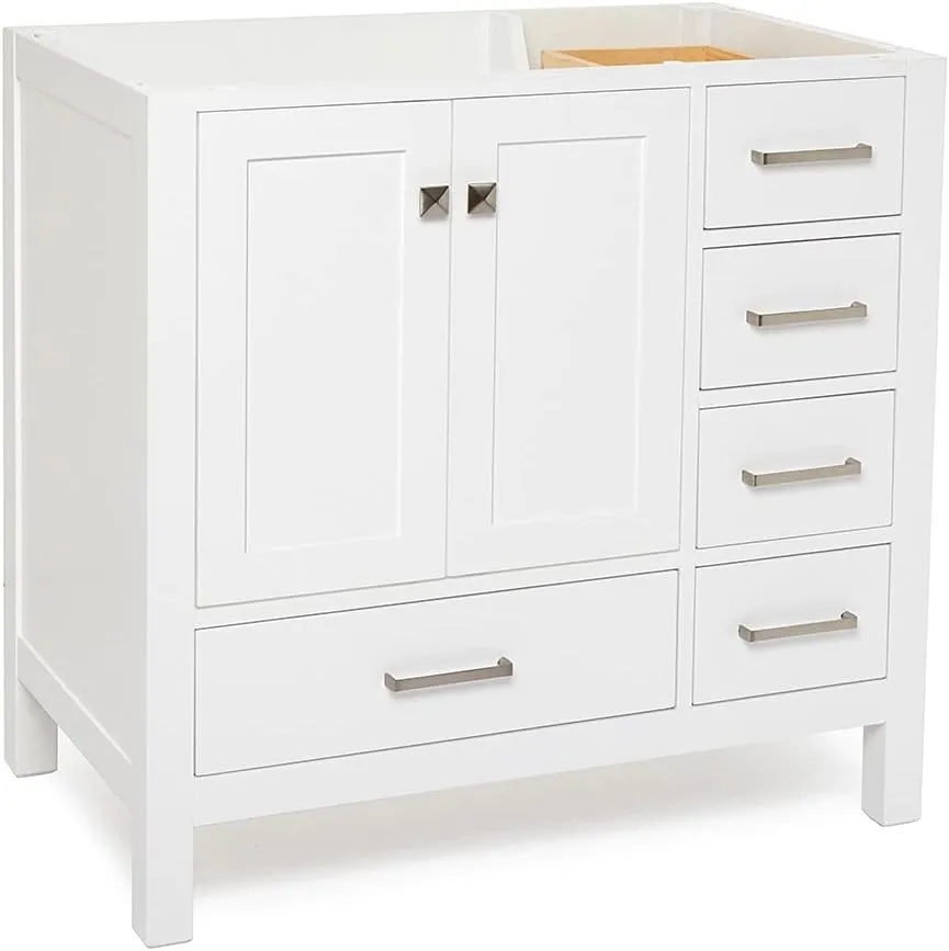 ARIEL 36" White Bathroom Vanity Base Cabinet, Left Offset Sink Configuration, 2 Soft Closing Doors, 5 Full Extension Dovetail Drawers, Brushed Nickel