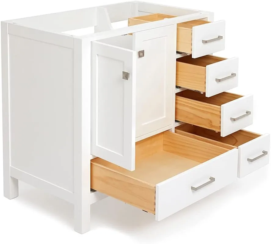 ARIEL 36" White Bathroom Vanity Base Cabinet, Left Offset Sink Configuration, 2 Soft Closing Doors, 5 Full Extension Dovetail Drawers, Brushed Nickel