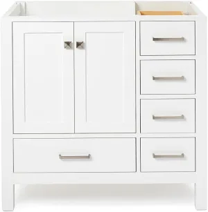 ARIEL 36" White Bathroom Vanity Base Cabinet, Left Offset Sink Configuration, 2 Soft Closing Doors, 5 Full Extension Dovetail Drawers, Brushed Nickel
