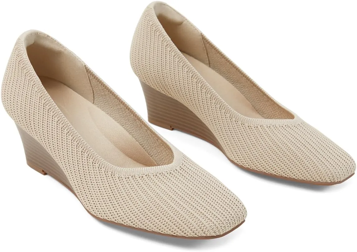 Arromic Women's Wedge Pumps Square Toe Low Wedge Heel Shoes Comfortable V-Cut Closed Toe Wide Wedges Dress Shoes for Women Work Office Casual Daily Dressy 2 inch