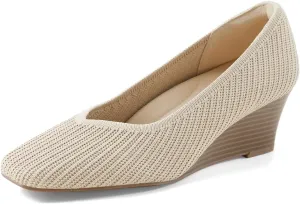 Arromic Women's Wedge Pumps Square Toe Low Wedge Heel Shoes Comfortable V-Cut Closed Toe Wide Wedges Dress Shoes for Women Work Office Casual Daily Dressy 2 inch