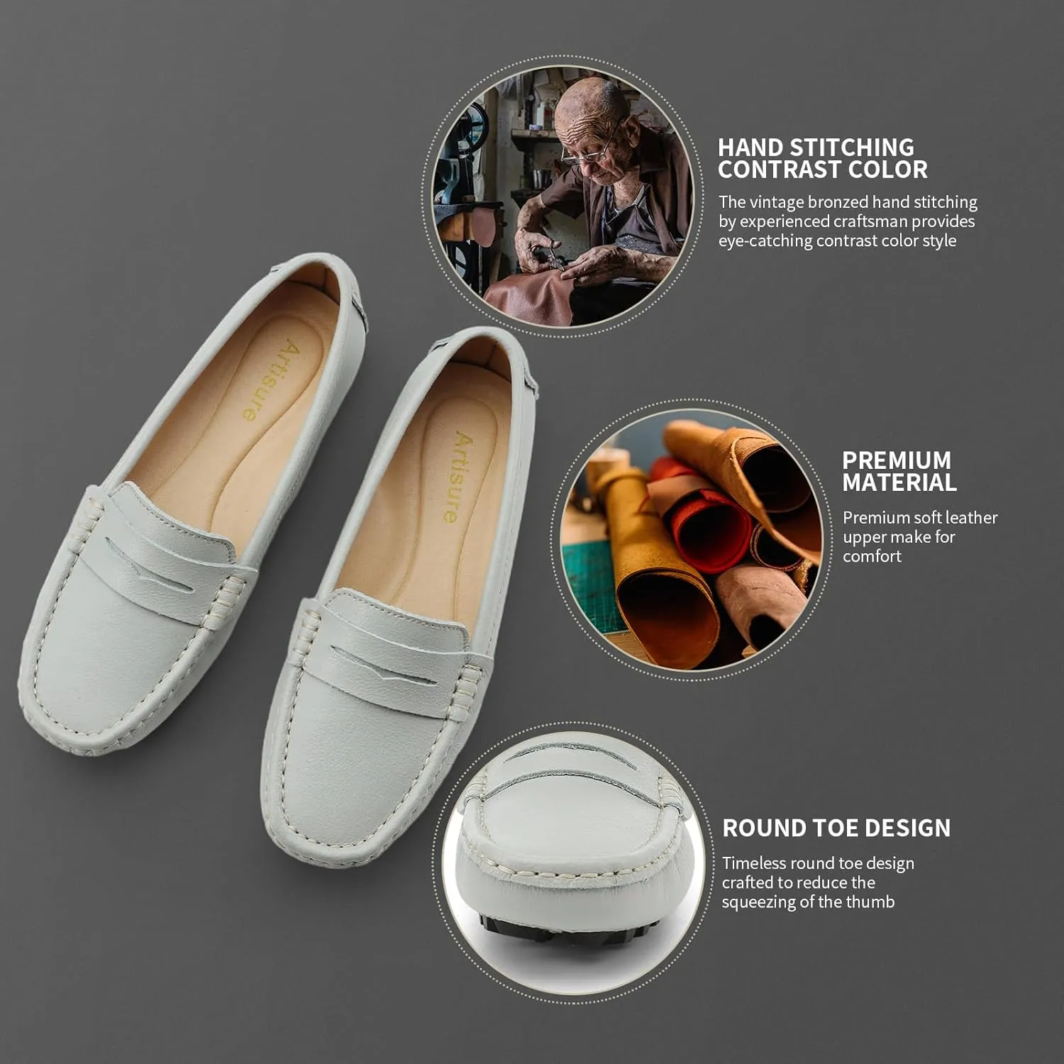 Artisure Women's Classic Comfort Leather Penny Loafers Casual Slip-Ons Lightweight Walking Flats Driving Mocs Boat Shoes