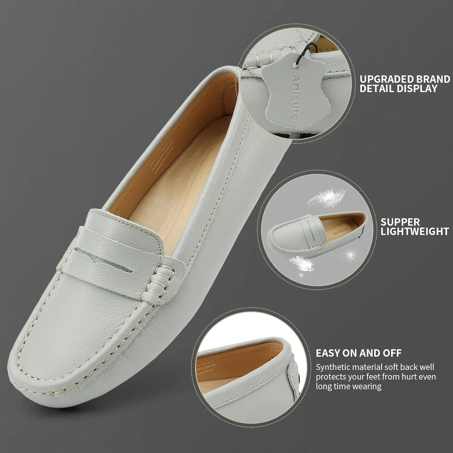 Artisure Women's Classic Comfort Leather Penny Loafers Casual Slip-Ons Lightweight Walking Flats Driving Mocs Boat Shoes