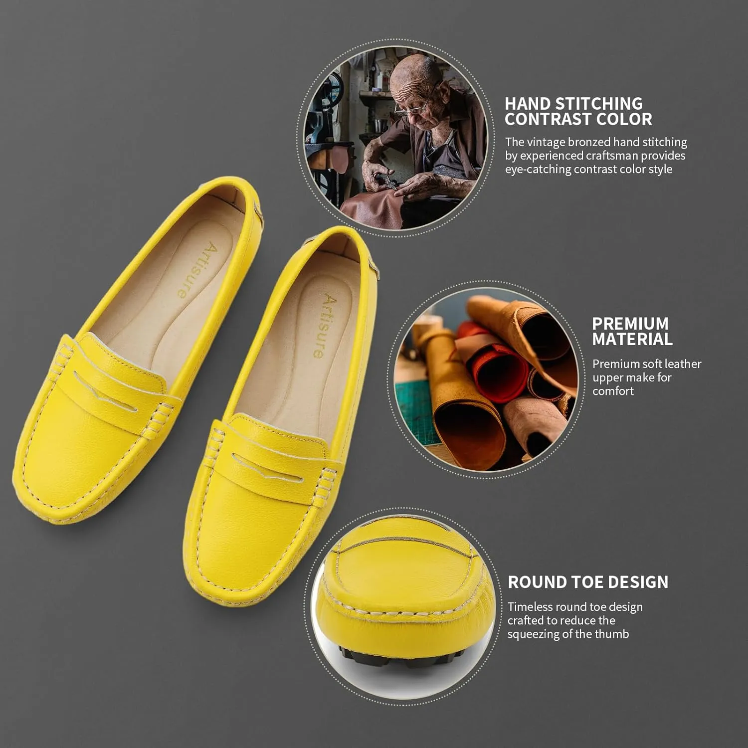 Artisure Women's Classic Comfort Leather Penny Loafers Casual Slip-Ons Lightweight Walking Flats Driving Mocs Boat Shoes