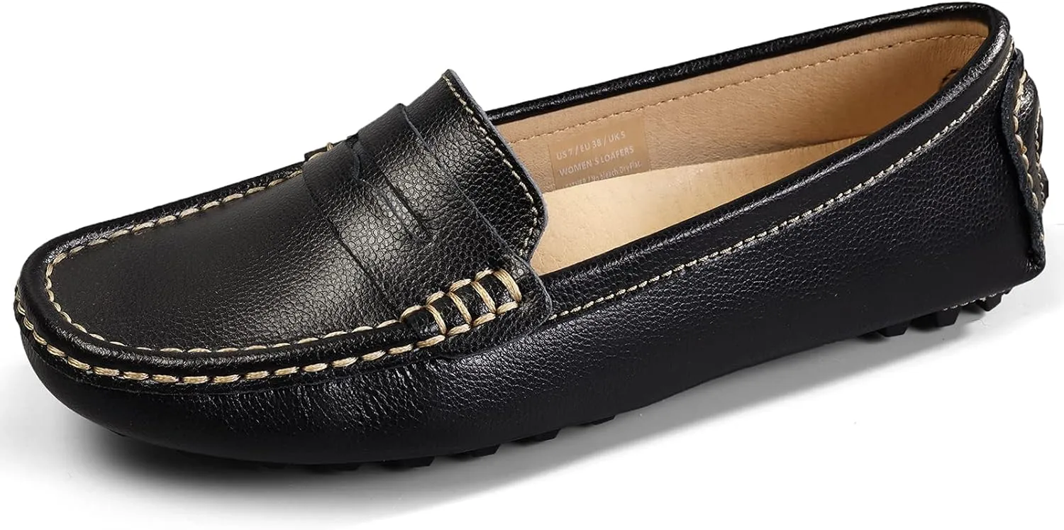 Artisure Women's Classic Comfort Leather Penny Loafers Casual Slip-Ons Lightweight Walking Flats Driving Mocs Boat Shoes