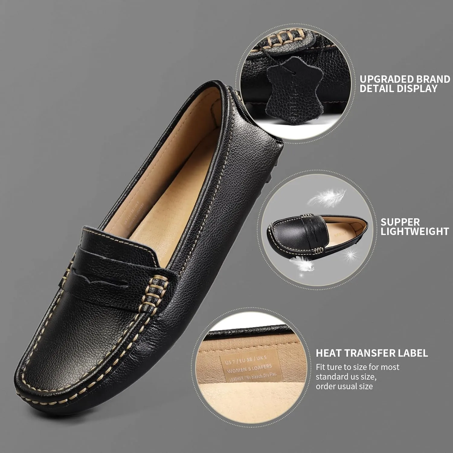Artisure Women's Classic Comfort Leather Penny Loafers Casual Slip-Ons Lightweight Walking Flats Driving Mocs Boat Shoes