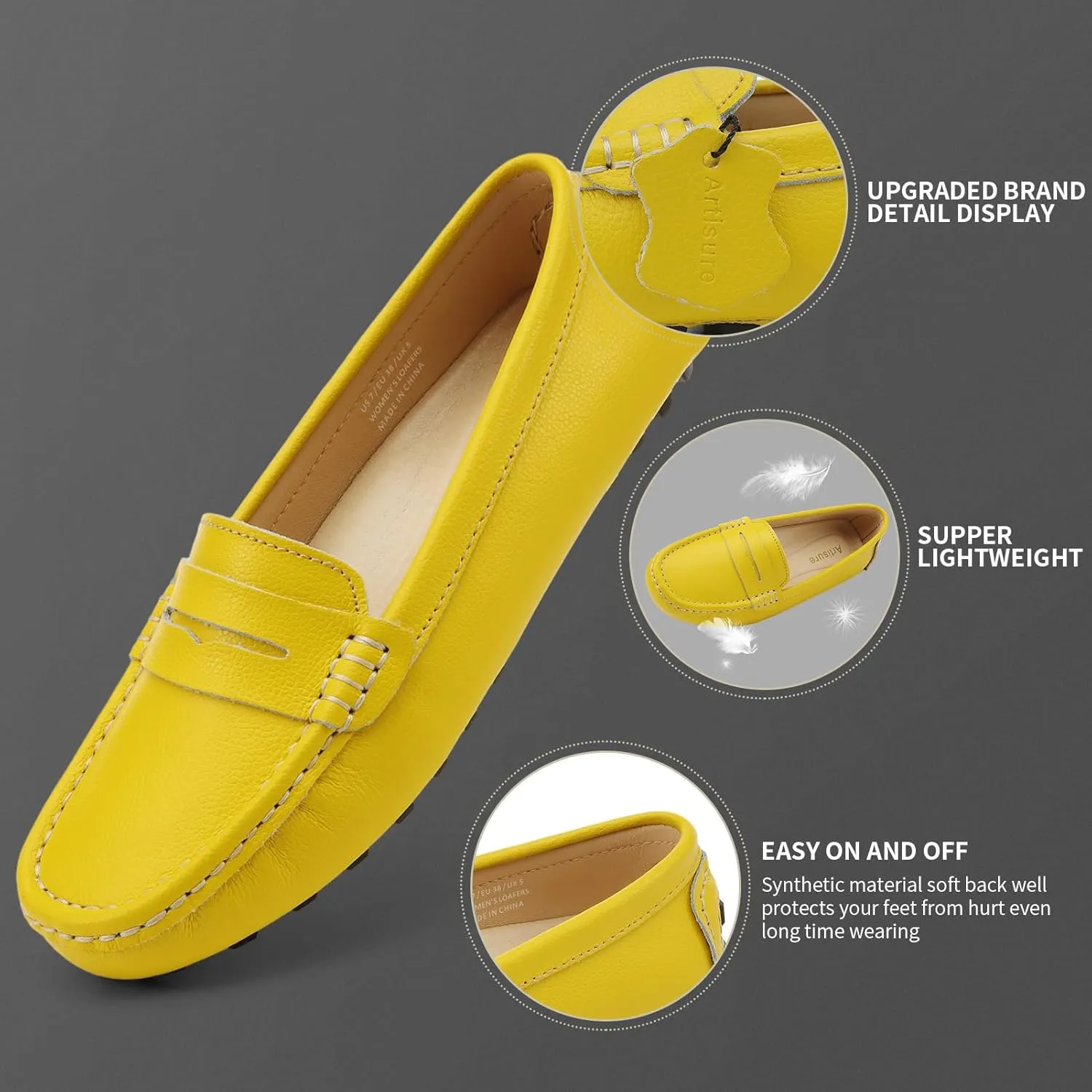 Artisure Women's Classic Comfort Leather Penny Loafers Casual Slip-Ons Lightweight Walking Flats Driving Mocs Boat Shoes