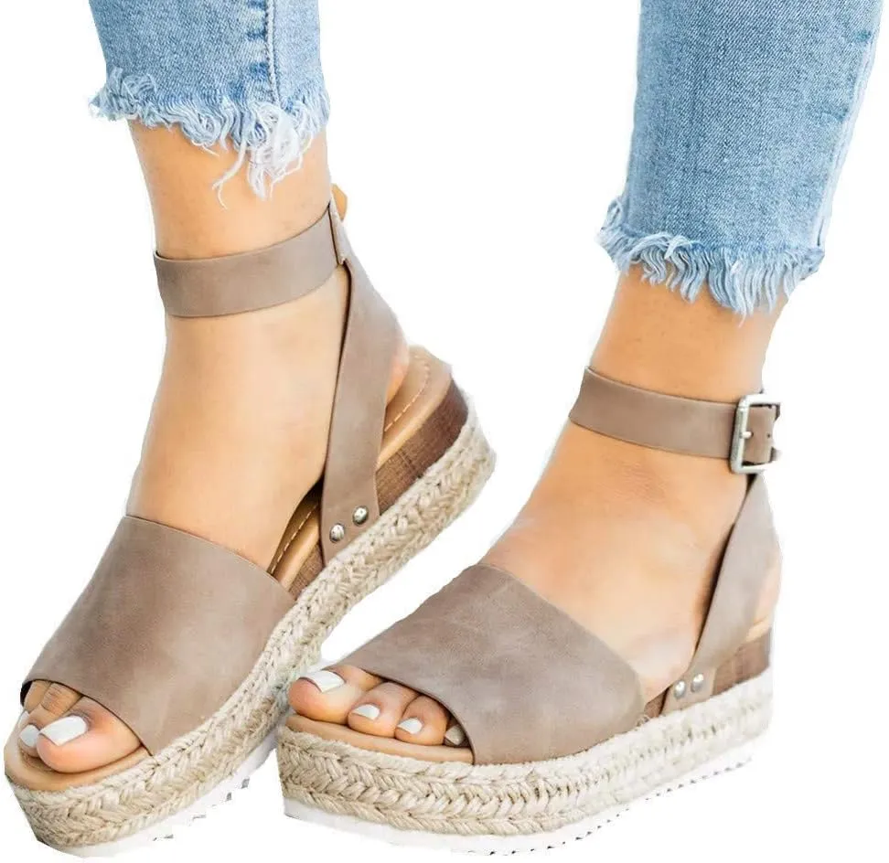 Athlefit Women's Espadrille Wedge Sandals Ankle Strap Buckle Platform Sandals