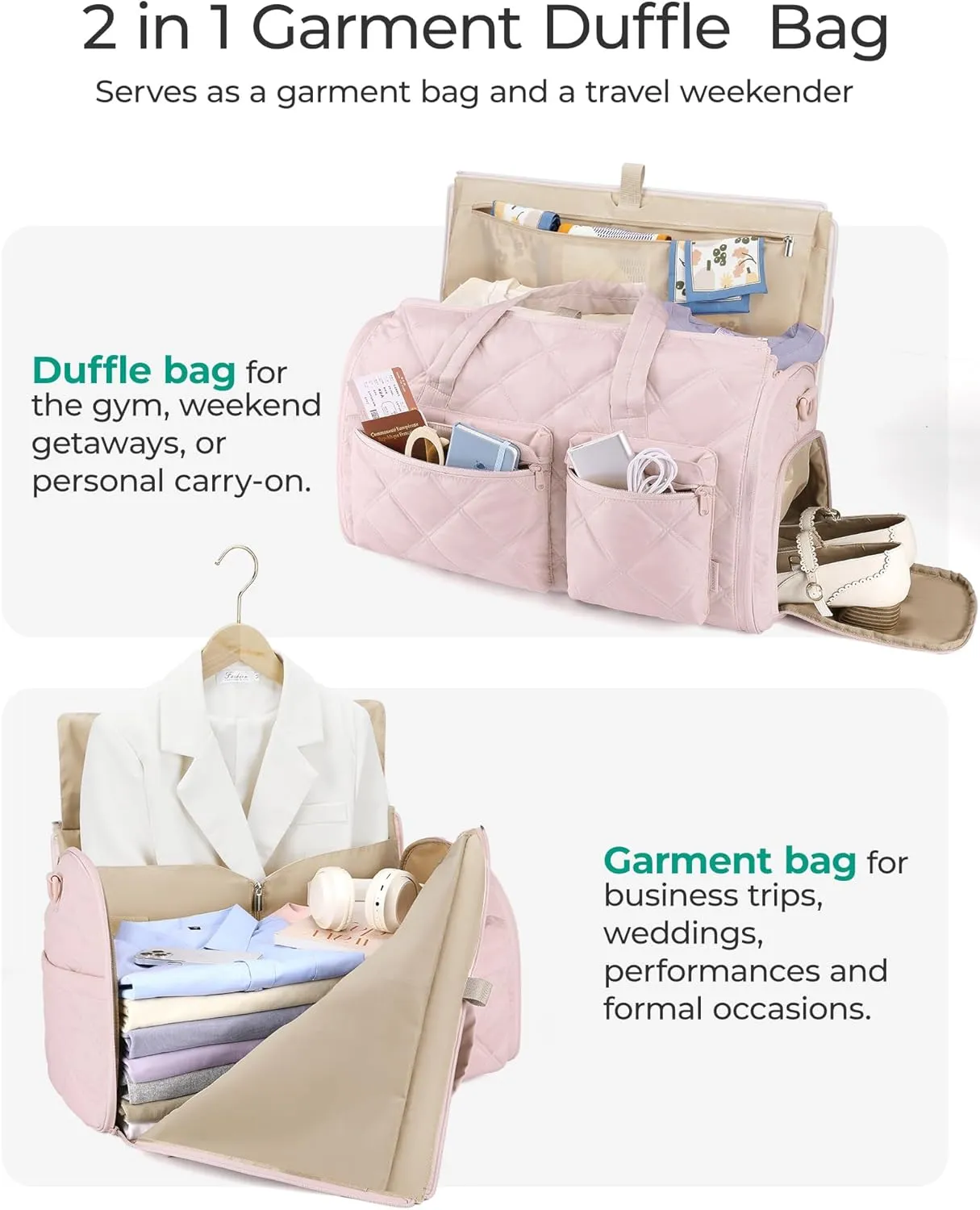 BAGSMART Garment Bags for Travel for Women, Convertible Garment Duffel Bag Suit Bag, 2 in 1 Puffy Garment Bags for Hanging Clothes, Carry on Travel Duffle Bag Combo with Shoe Compartment, Dark Pink