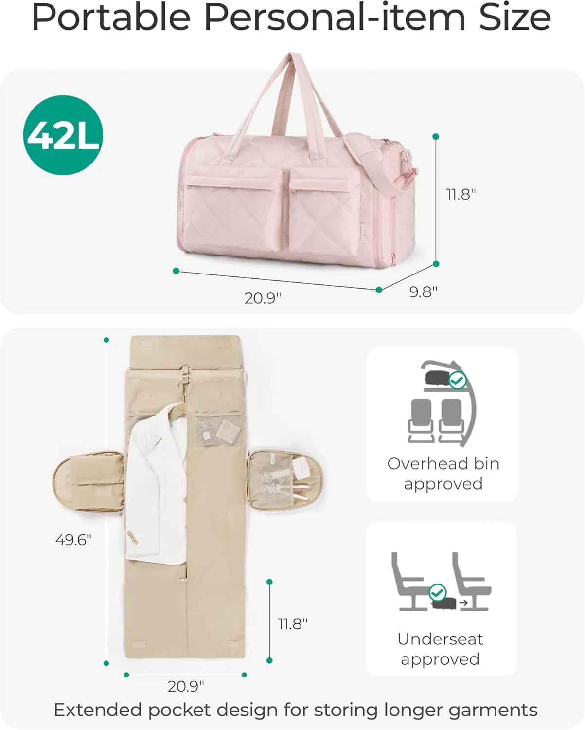 BAGSMART Garment Bags for Travel for Women, Convertible Garment Duffel Bag Suit Bag, 2 in 1 Puffy Garment Bags for Hanging Clothes, Carry on Travel Duffle Bag Combo with Shoe Compartment, Dark Pink