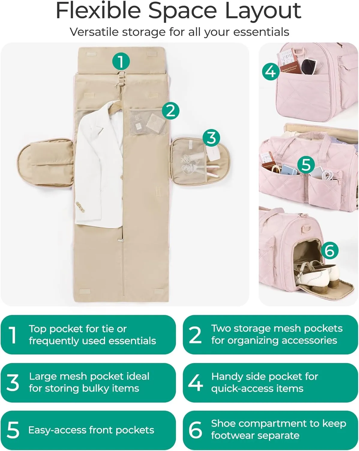 BAGSMART Garment Bags for Travel for Women, Convertible Garment Duffel Bag Suit Bag, 2 in 1 Puffy Garment Bags for Hanging Clothes, Carry on Travel Duffle Bag Combo with Shoe Compartment, Dark Pink
