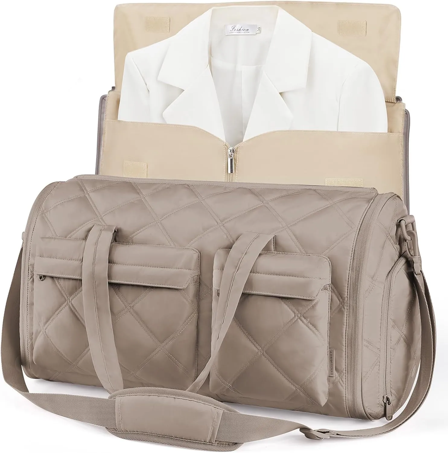 BAGSMART Garment Bags for Travel for Women, Convertible Garment Duffel Bag Suit Bag, 2 in 1 Puffy Garment Bags for Hanging Clothes, Carry on Travel Duffle Bag Combo with Shoe Compartment, Khaki