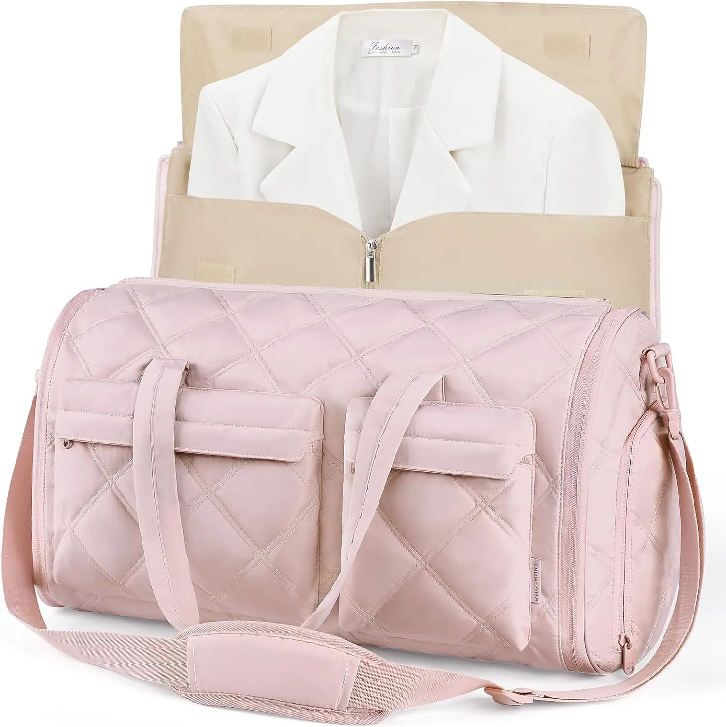 BAGSMART Garment Bags for Travel for Women, Convertible Garment Duffel Bag Suit Bag, 2 in 1 Puffy Garment Bags for Hanging Clothes, Carry on Travel Duffle Bag Combo with Shoe Compartment, Light Pink