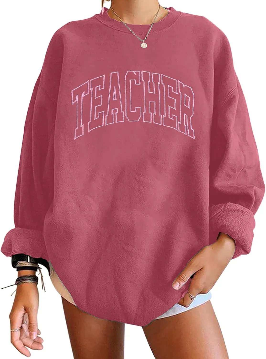 BANGELY Teacher Sweatshirt Women Oversized Retro Teach Crewneck Shirt Embroidery Teacher Life Pullover Long Sleeve Tops