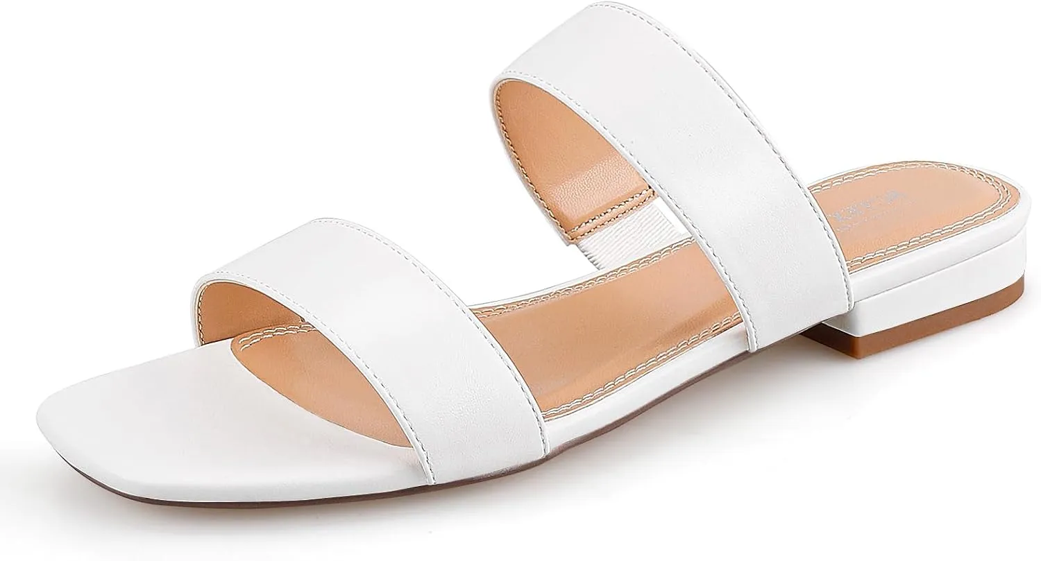 BCTEX COLL Women's Two Strap Low Block Heel Sandals Comfortable Open Toe Flat Sandals Dressy 1-Inch Heels for Women Black White Brown