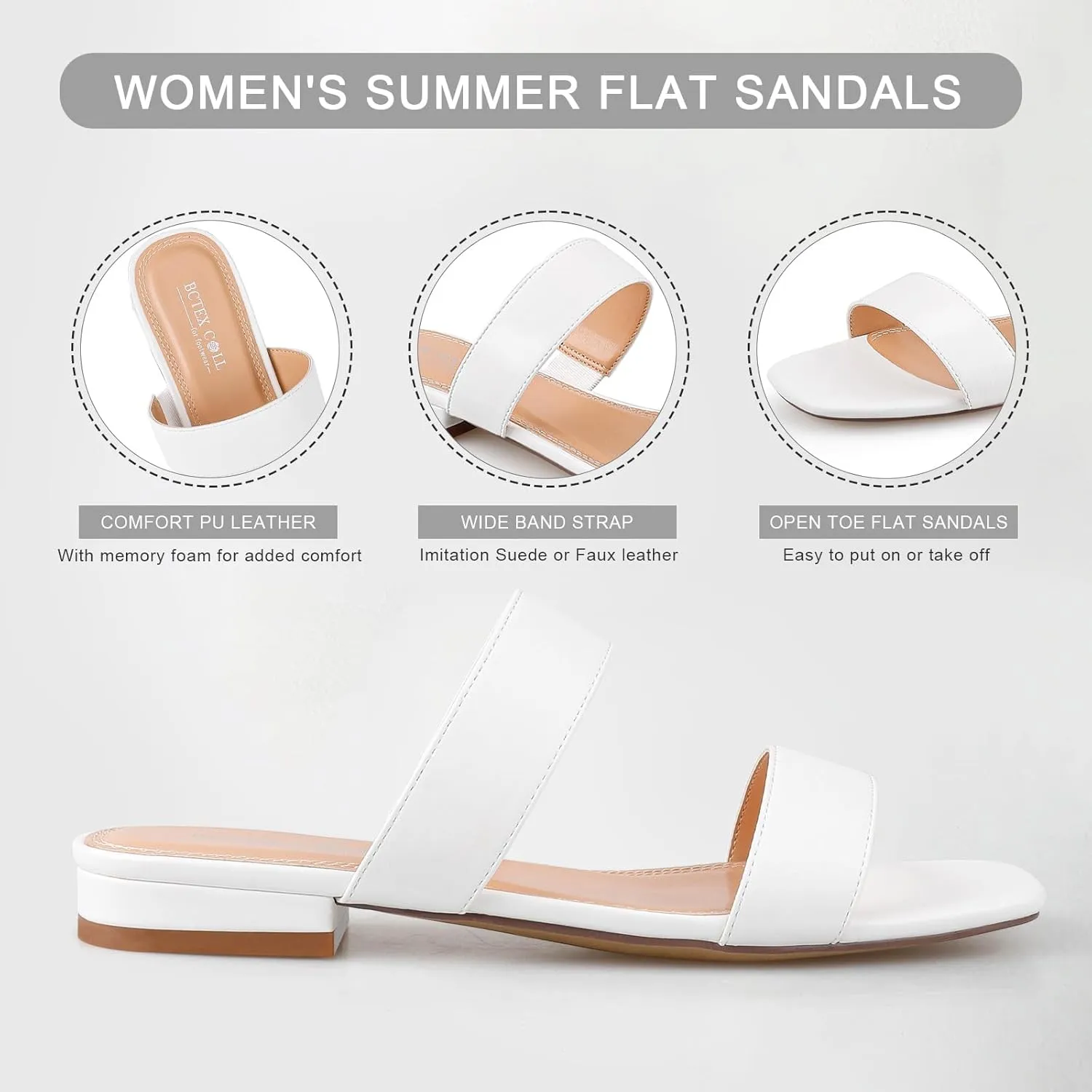 BCTEX COLL Women's Two Strap Low Block Heel Sandals Comfortable Open Toe Flat Sandals Dressy 1-Inch Heels for Women Black White Brown