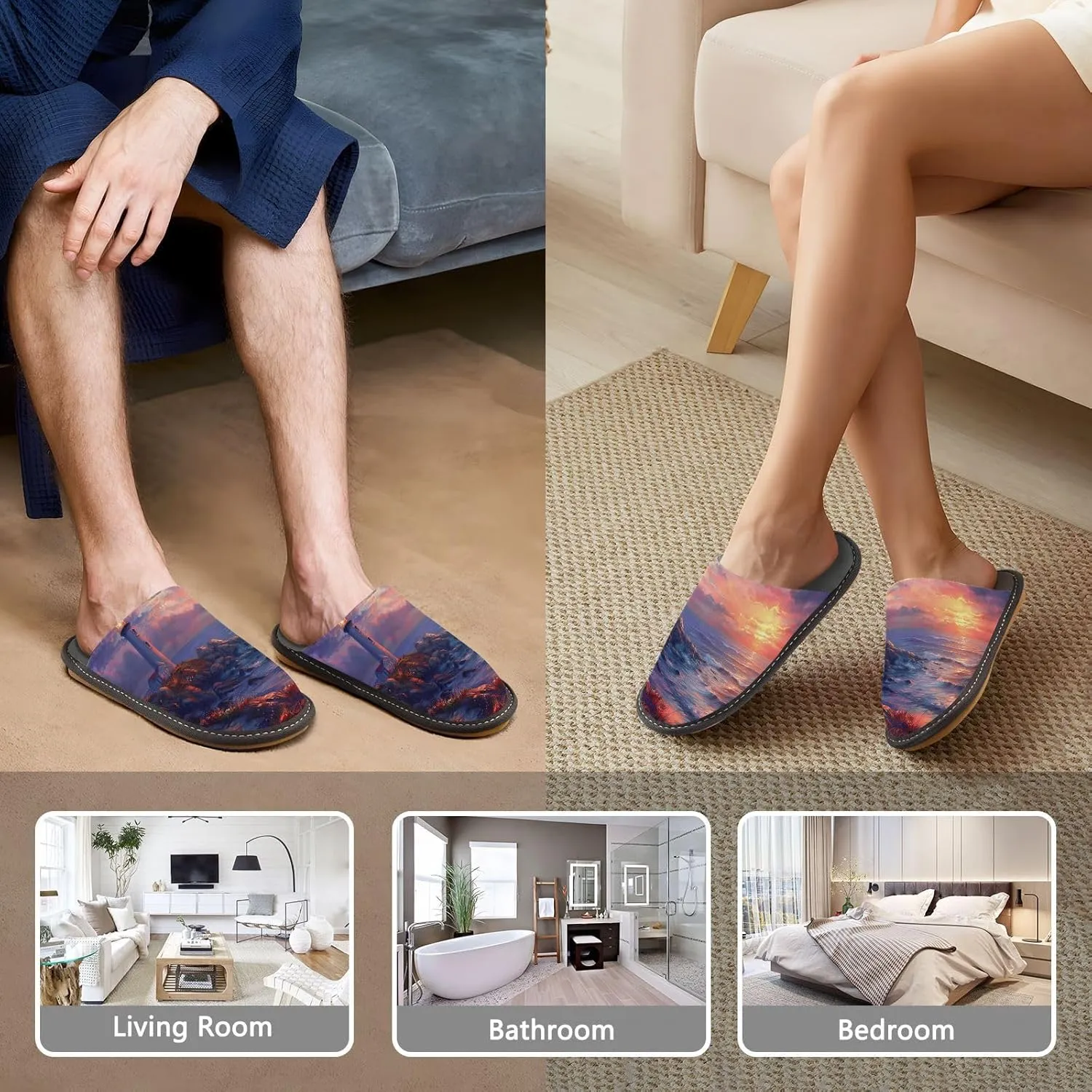 Beautiful Sunset Lighthouse House Slippers for Women,Mens Fuzzy Slippers,Soft Comfy Memory Foam Non-slip Indoor & Outdoor House Shoes-25