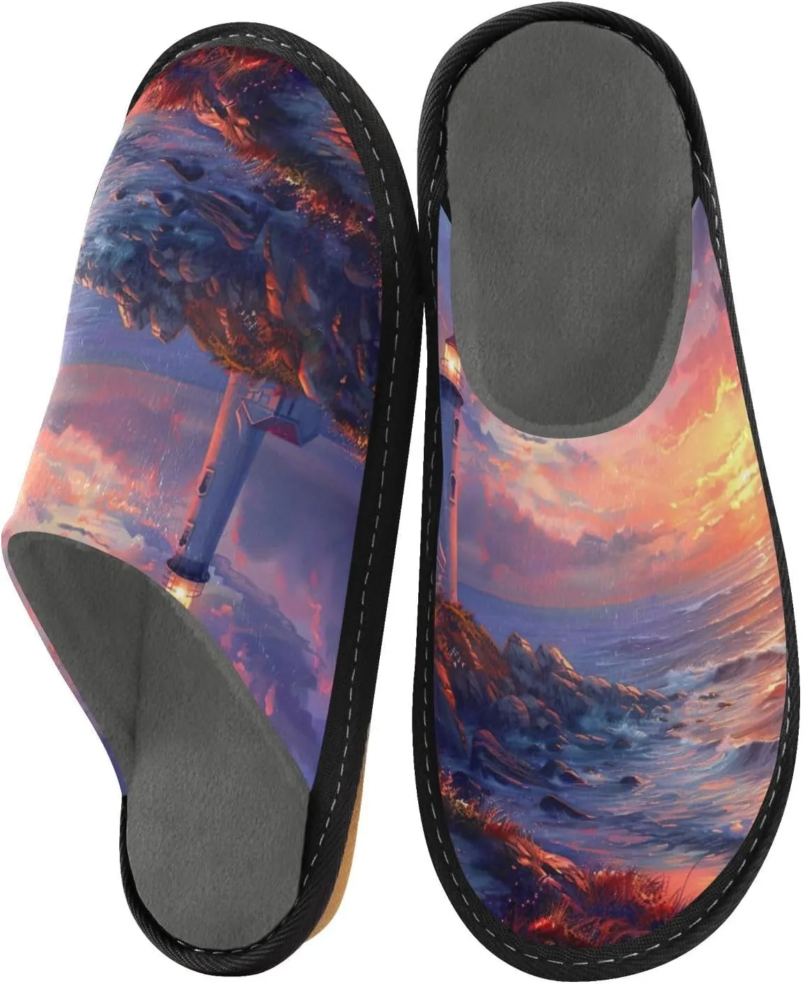 Beautiful Sunset Lighthouse House Slippers for Women,Mens Fuzzy Slippers,Soft Comfy Memory Foam Non-slip Indoor & Outdoor House Shoes-25