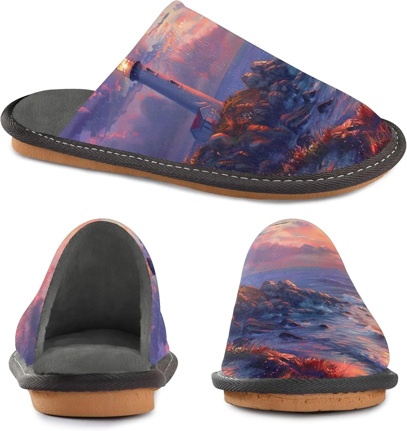 Beautiful Sunset Lighthouse House Slippers for Women,Mens Fuzzy Slippers,Soft Comfy Memory Foam Non-slip Indoor & Outdoor House Shoes-25