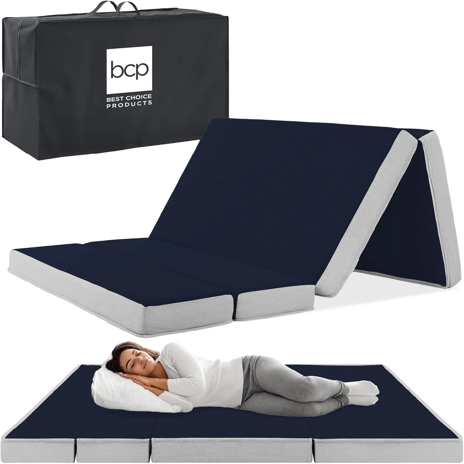 Best Choice Products 4in Portable Twin XL-Size Mattress, Tri-Fold Mattress for Camping, Guest, Toddler, Foam Plush w/Carry Case - Midnight Blue