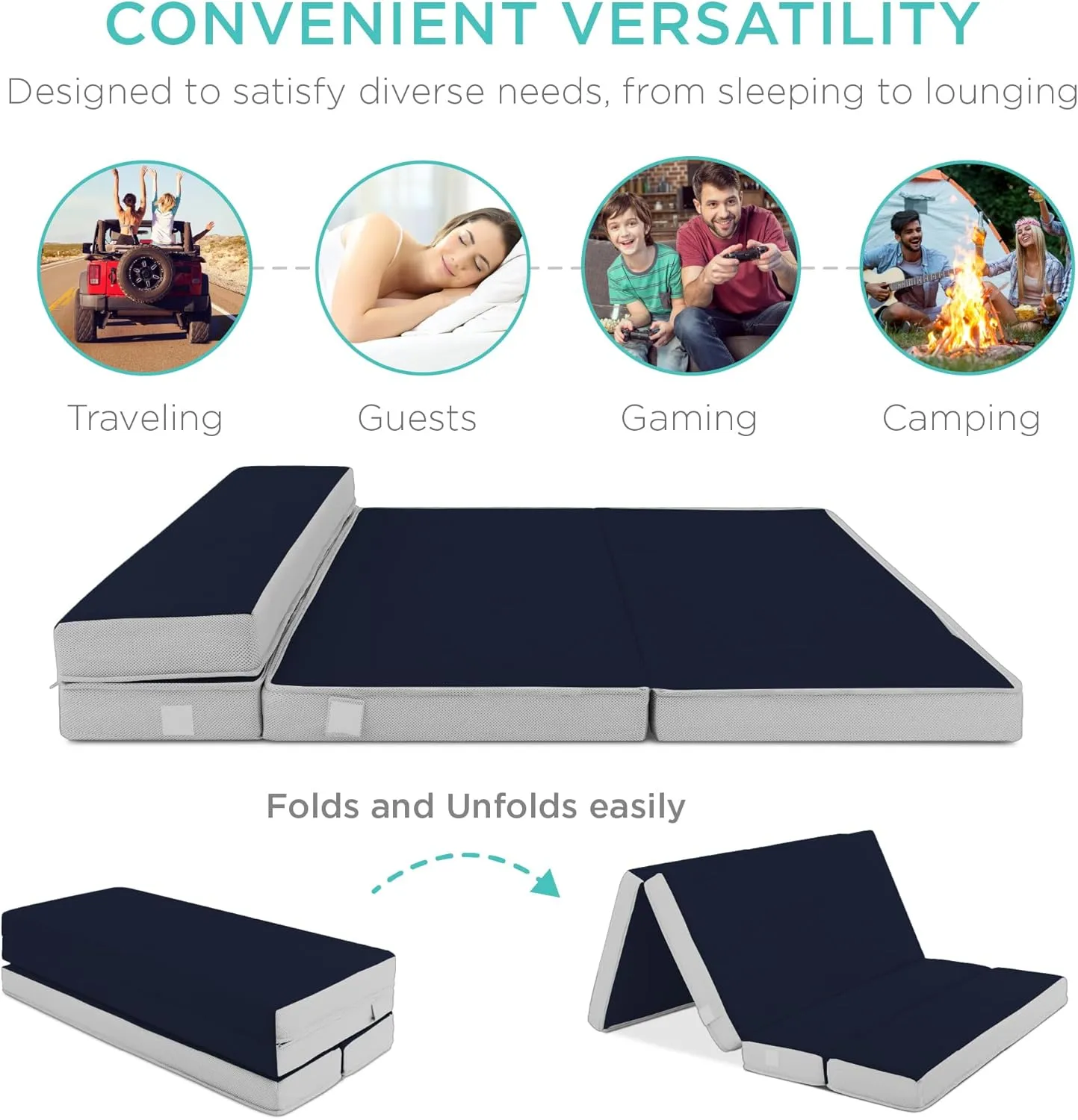 Best Choice Products 4in Portable Twin XL-Size Mattress, Tri-Fold Mattress for Camping, Guest, Toddler, Foam Plush w/Carry Case - Midnight Blue