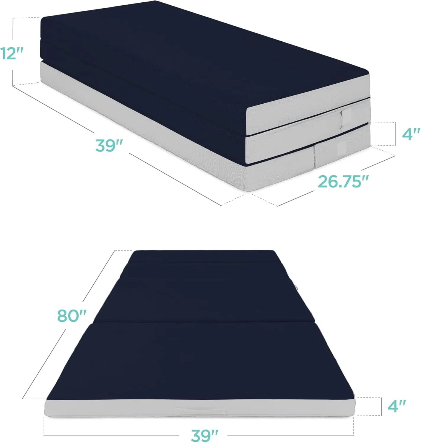 Best Choice Products 4in Portable Twin XL-Size Mattress, Tri-Fold Mattress for Camping, Guest, Toddler, Foam Plush w/Carry Case - Midnight Blue