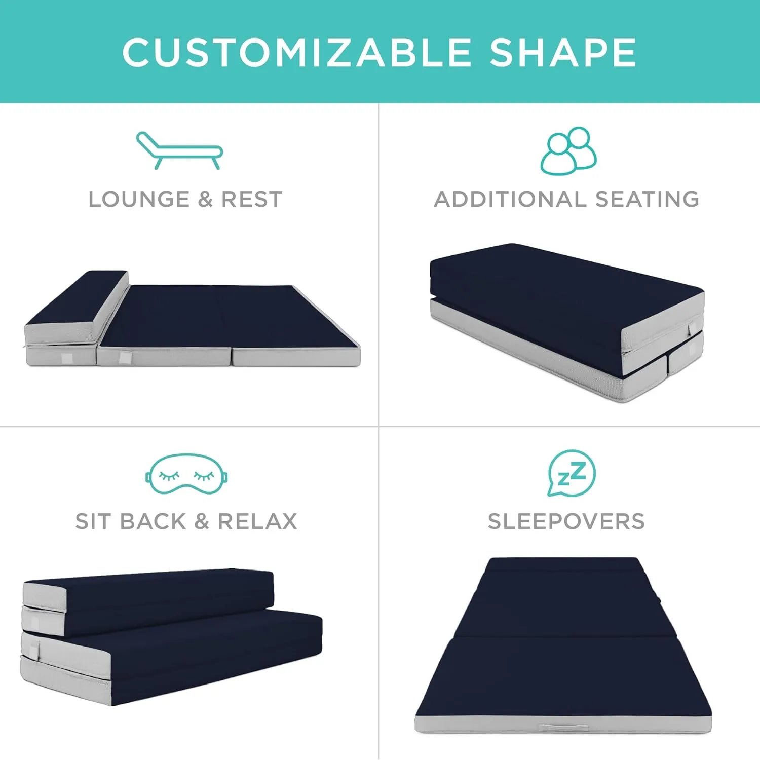 Best Choice Products 4in Portable Twin XL-Size Mattress, Tri-Fold Mattress for Camping, Guest, Toddler, Foam Plush w/Carry Case - Midnight Blue