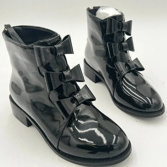Black Bowtie Low Heels Closed Round Toe Ankle Boots Back Zipper Dress Shoes