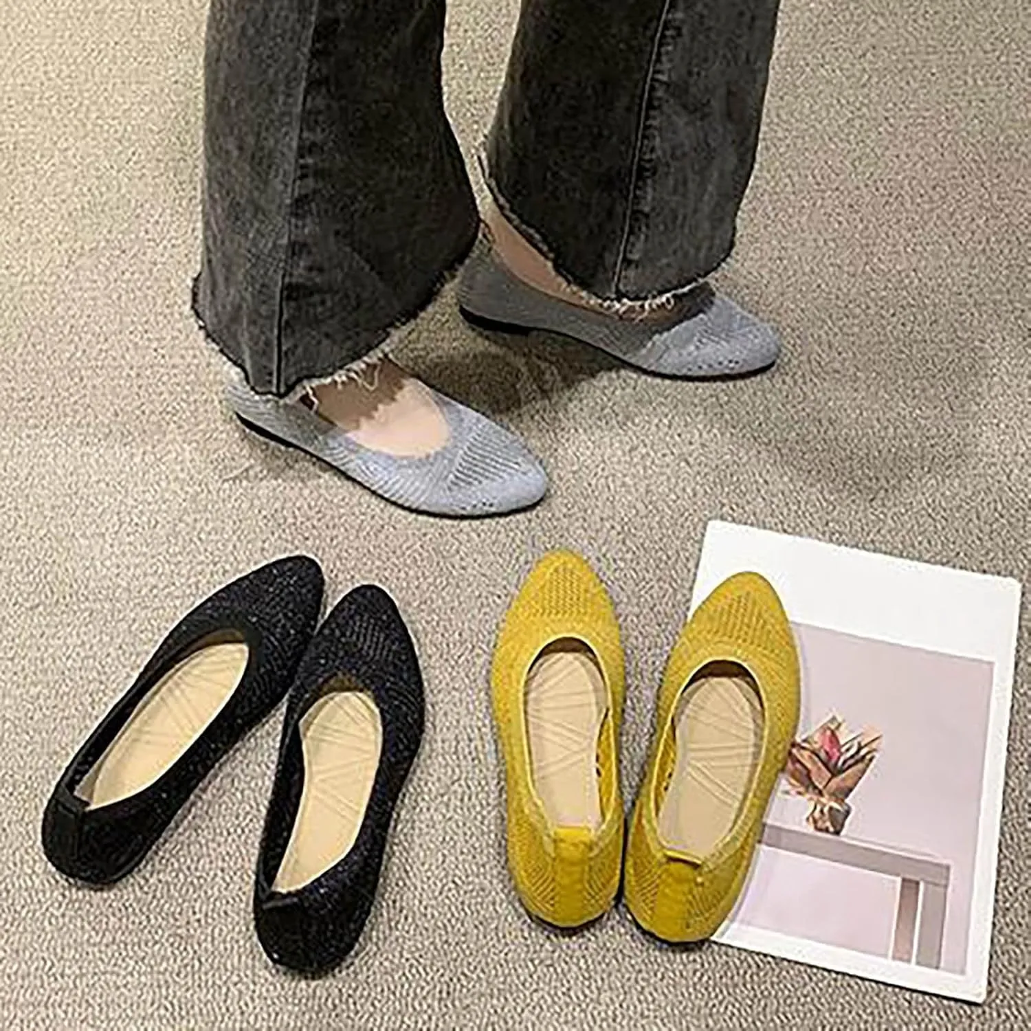 Black Flats for Women Women's Flats Flying Knitting Shoes New Shallow Flat Shoes Small Square Head Knitting Shoes Soft Sole