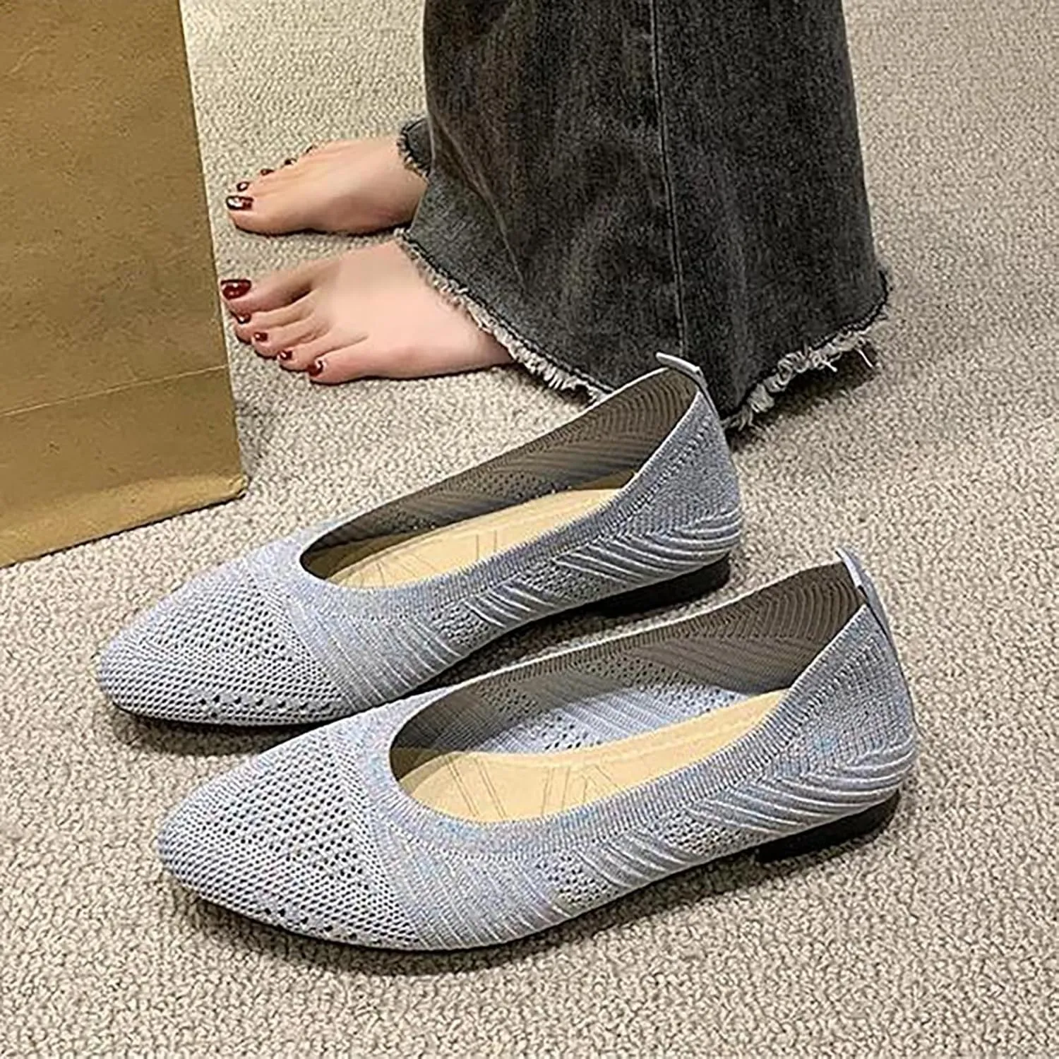 Black Flats for Women Women's Flats Flying Knitting Shoes New Shallow Flat Shoes Small Square Head Knitting Shoes Soft Sole