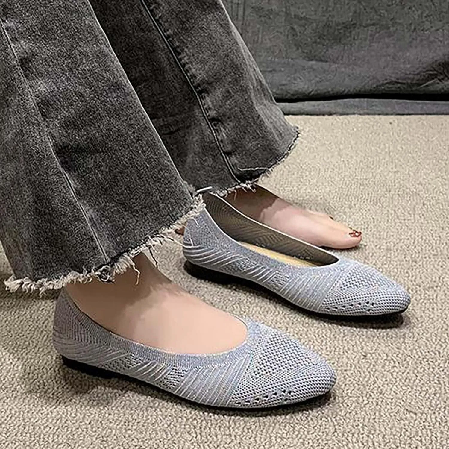 Black Flats for Women Women's Flats Flying Knitting Shoes New Shallow Flat Shoes Small Square Head Knitting Shoes Soft Sole