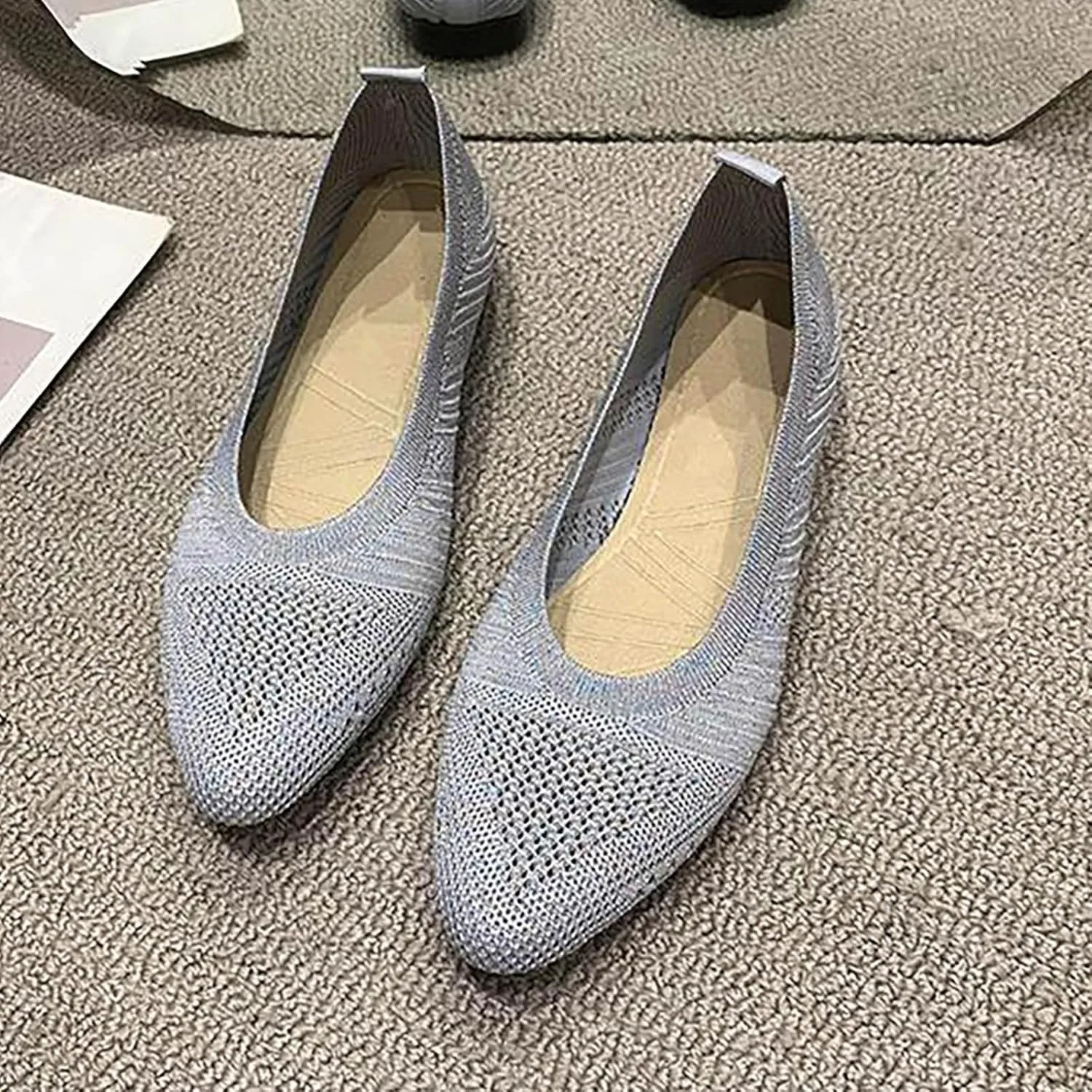 Black Flats for Women Women's Flats Flying Knitting Shoes New Shallow Flat Shoes Small Square Head Knitting Shoes Soft Sole