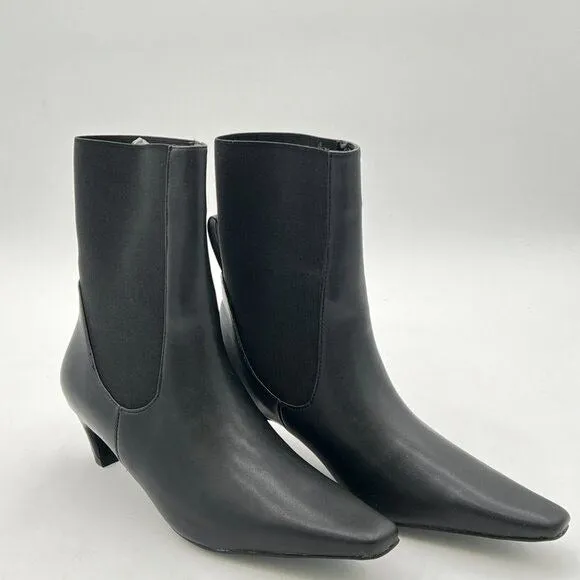 Black Women Square Toe Low Heel Stretch Pull On Ankle Boot Comfy Winter Bootie