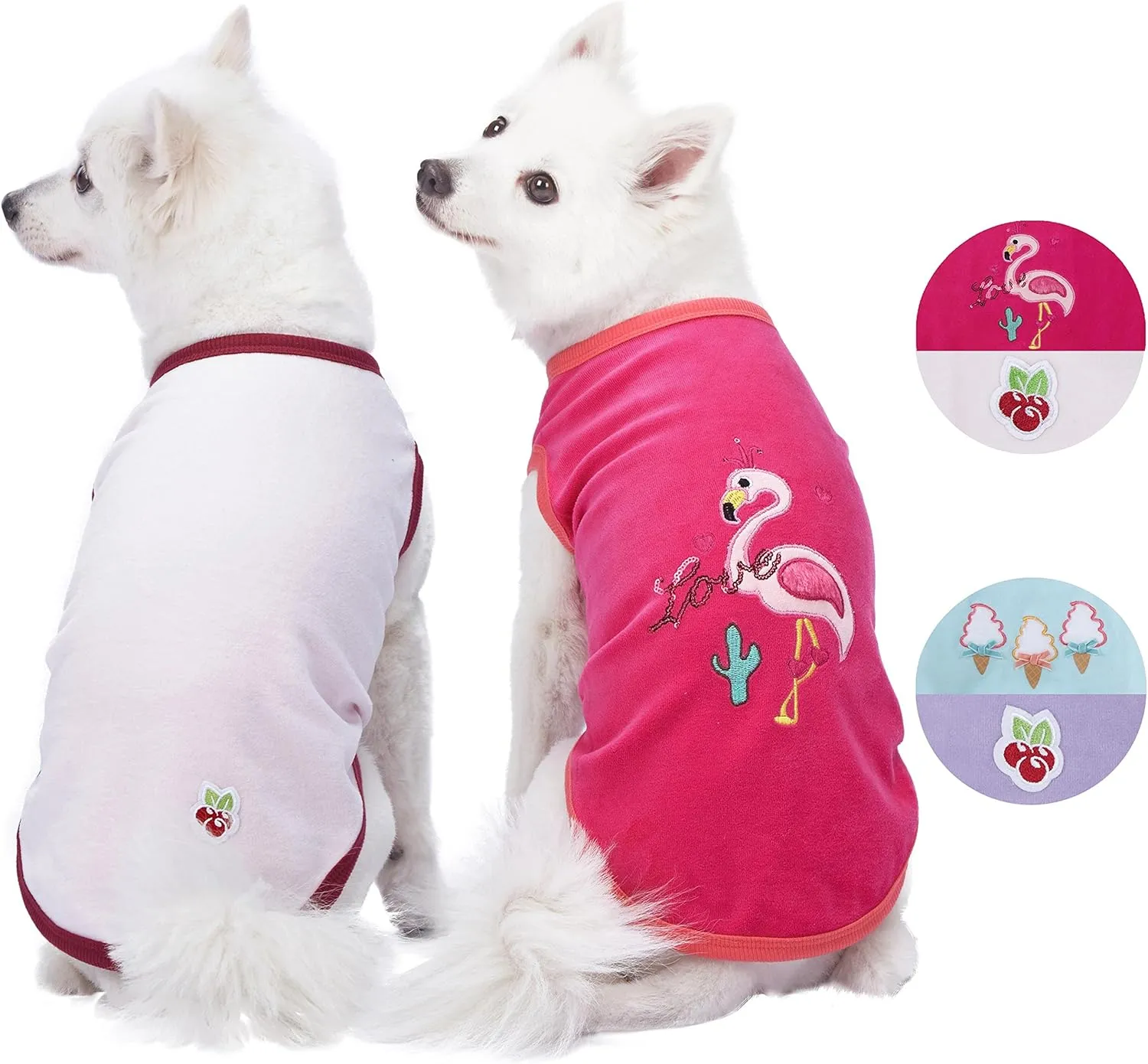 Blueberry Pet Pack of 2 Soft & Comfy Vacation Scene Flamingo Cotton Blend Dog Pajamas & Tank Top T Shirts, Back Length 12", Clothes for Dogs
