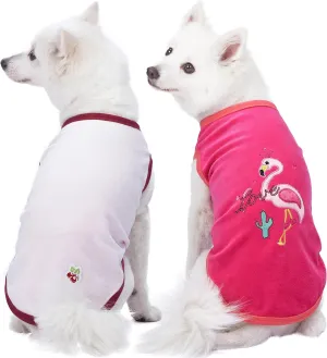 Blueberry Pet Pack of 2 Soft & Comfy Vacation Scene Flamingo Cotton Blend Dog Pajamas & Tank Top T Shirts, Back Length 12", Clothes for Dogs