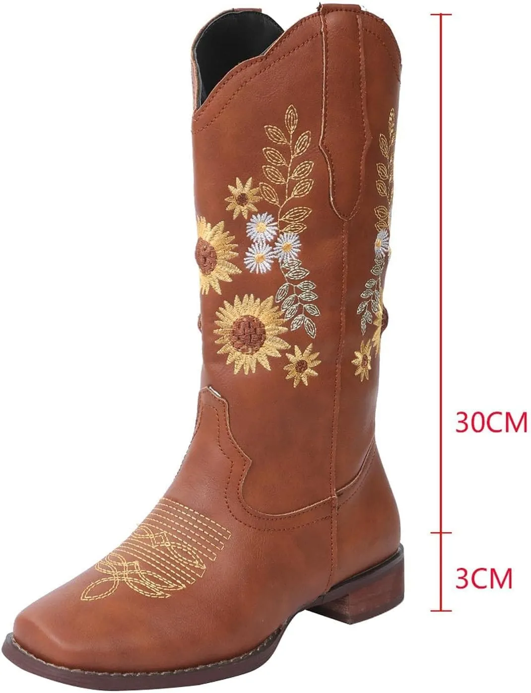 BORAMAX Womens Embroidered Sweet Sunflower Cowboy Cowgirl Boots Retro Western Chunky Heels Mid Calf Boots Riding for Women