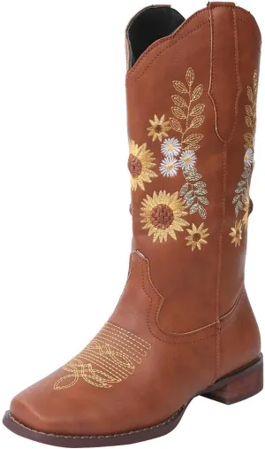 BORAMAX Womens Embroidered Sweet Sunflower Cowboy Cowgirl Boots Retro Western Chunky Heels Mid Calf Boots Riding for Women