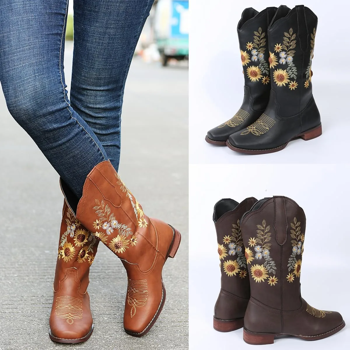 BORAMAX Womens Embroidered Sweet Sunflower Cowboy Cowgirl Boots Retro Western Chunky Heels Mid Calf Boots Riding for Women