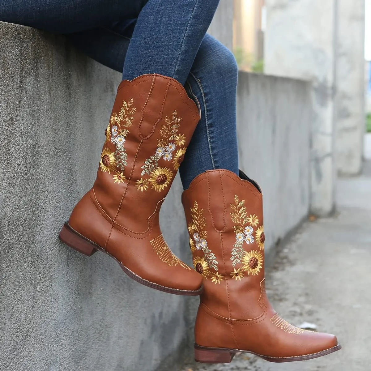 BORAMAX Womens Embroidered Sweet Sunflower Cowboy Cowgirl Boots Retro Western Chunky Heels Mid Calf Boots Riding for Women