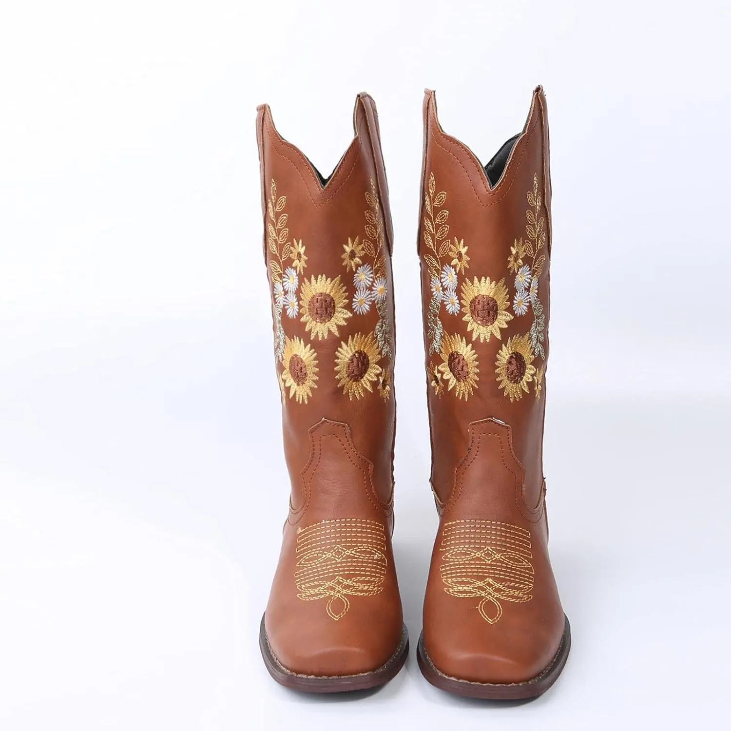 BORAMAX Womens Embroidered Sweet Sunflower Cowboy Cowgirl Boots Retro Western Chunky Heels Mid Calf Boots Riding for Women
