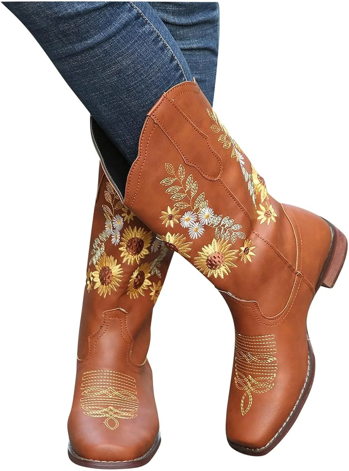 BORAMAX Womens Embroidered Sweet Sunflower Cowboy Cowgirl Boots Retro Western Chunky Heels Mid Calf Boots Riding for Women